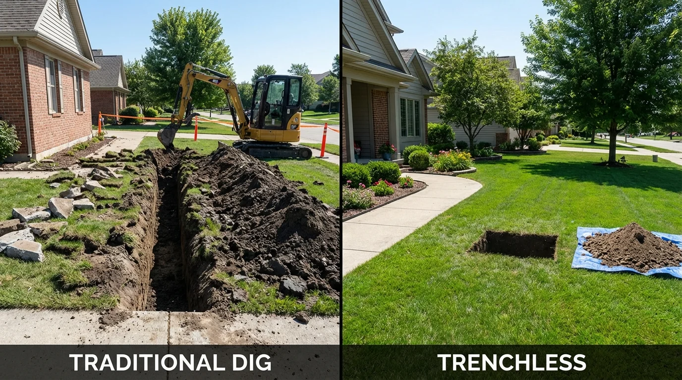 Trenchless sewer repair with minimal yard damage versus traditional excavation in Humansville, MO
