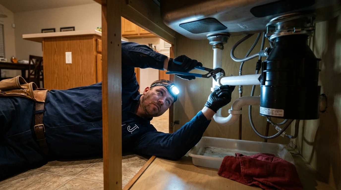P-trap and supply line connections under a kitchen sink showing a common leak point in Humansville, MO